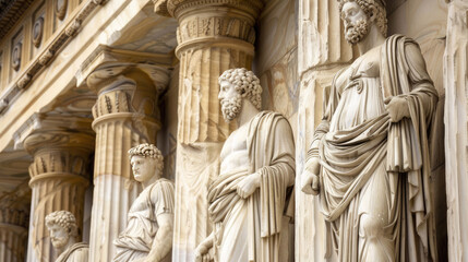 Sculptures of classical Greek figures on columns, representing the cultural and intellectual influence that stoicism had in Roman society - obrazy, fototapety, plakaty