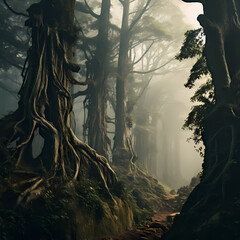 A mysterious forest with fog weaving through tall trees - obrazy, fototapety, plakaty