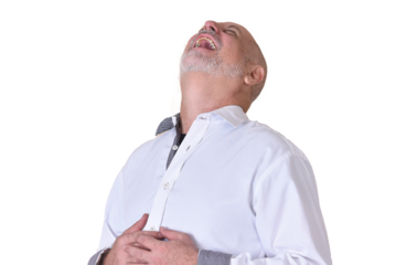 portrait of charming man in white shirt with gray beard and bald head smiling