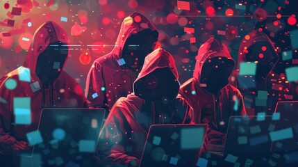 The image shows a group of hackers wearing red hoodies and using laptops. They are surrounded by - obrazy, fototapety, plakaty
