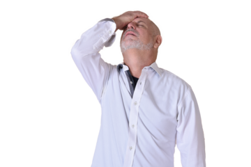 portrait of charming man in black and white shirt with gray beard and bald head feeling pain