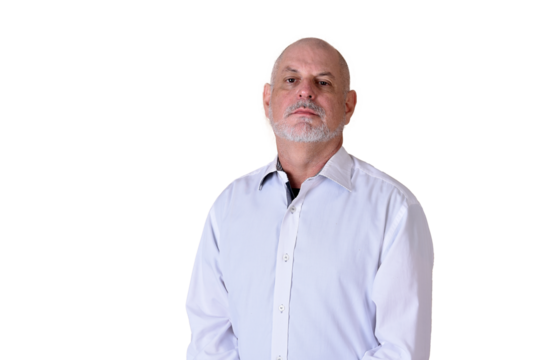 portrait of charming man in black and white shirt with gray beard and bald head