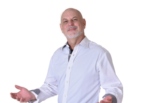 portrait of charming man in black and white shirt with gray beard and bald head