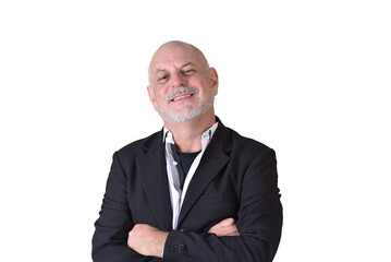 portrait of charming man in black suit white gray beard smiling
