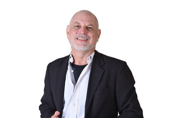 portrait of charming man in black suit white gray beard smiling