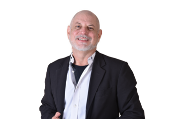 portrait of charming man in black suit white gray beard smiling