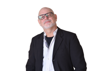 portrait of charming man in black suit white gray beard smiling