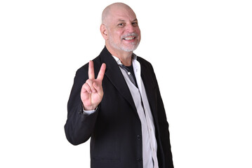portrait of charming man in black suit white gray beard smiling