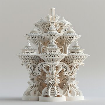 A 3D model showcasing basic shapes at its base, transforming into a complex, intricate structure at the top