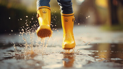 Legs of child in yellow rubber boots in puddle in rainy day, autumn.