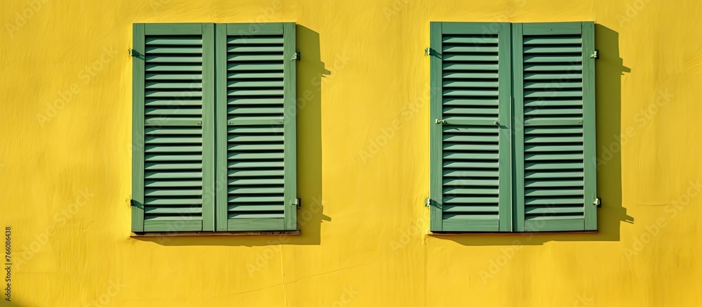 Poster a pair of window fixtures with two green shutters stand out against a vibrant yellow wall. the symme