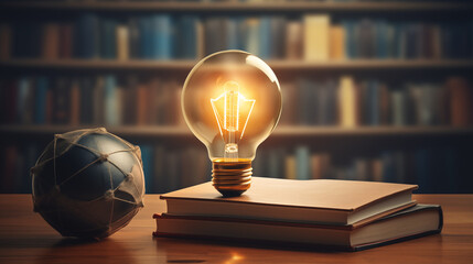 A virtual classroom scene with a lightbulb over a book and graduation hat, representing online learning achievements 