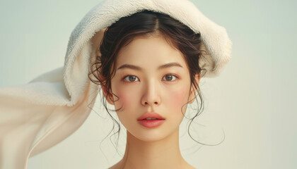 an Asian model with a towel on her head shoulders exposed