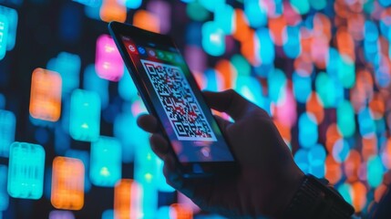Close-up shot of a persons hand holding a smartphone focusing on the screen displaying a scanning interface locked onto a QR code