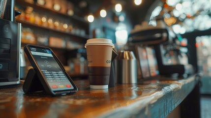 Close-up view of a mobile payment transaction at a coffee shop showing detailed textures of the smartphone and payment device - obrazy, fototapety, plakaty