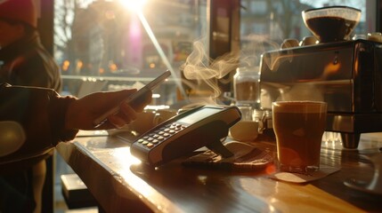 Early morning at a bustling city coffee shop a hand holding a smartphone close to a mobile payment terminal