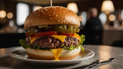 Hamburger with city lights background 