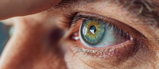 A closeup shot showcasing a persons vibrant green eye with long eyelashes, intricate eye shadow,...