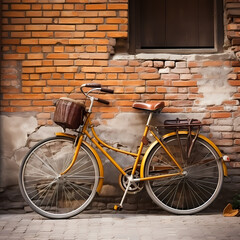 A vintage bicycle parked against a rustic brick wall