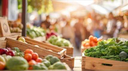 Fruits and vegetables in wooden boxes at farmers market, blurred background - obrazy, fototapety, plakaty