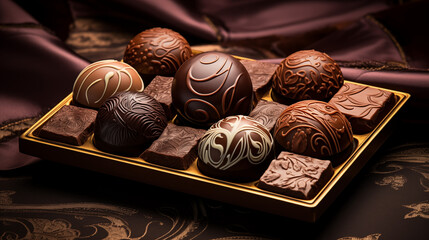 chocolate candies in box, Luxurious chocolate pralines with intricate designs, set against a rich,...