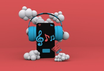 3d smartphone and blue headphones, musical notes and a market cart with a button, around cartoon clouds on a pink background, 3d rendering soft shadows