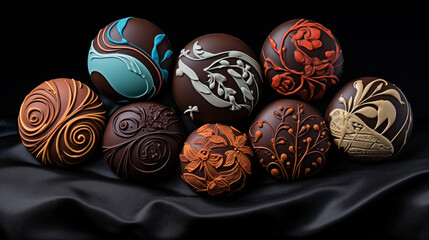 chocolate easter eggs, Luxurious chocolate pralines with intricate designs, set against a rich, dark chocolate canvas  - obrazy, fototapety, plakaty