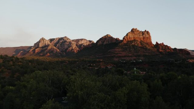 Drone shot of Sedona, Arizona's Snoopy Rock at sunset.