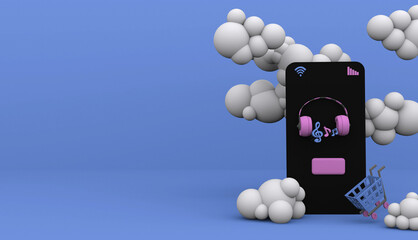black smartphone in marshmallow-like clouds on the phone display pink headphones with notes and a button with a market cart on a blue background 3 cartoon renders, concept of buying online music, soft