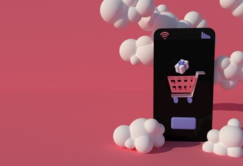 a market cart drops a gift and a black smartphone with a big button in the clouds 3d render cartoon on a pink background