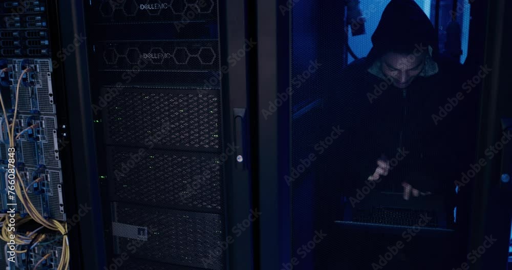 Poster man, data center and hacker with laptop, cyber crime and dark with server and phishing. technology, 
