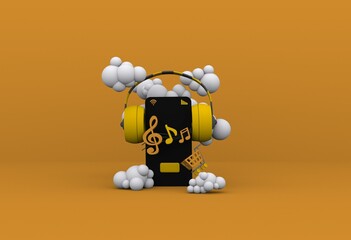 3d smartphone and yellow headphones, yellow musical notes and a market cart, around cartoon clouds on a yellow background, 3d rendering soft shadows