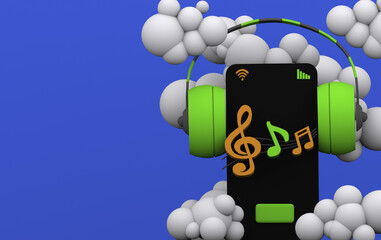 3d smartphone and green headphones, yellow musical notes and a market cart, around cartoon clouds on a blue background, 3d rendering soft shadows