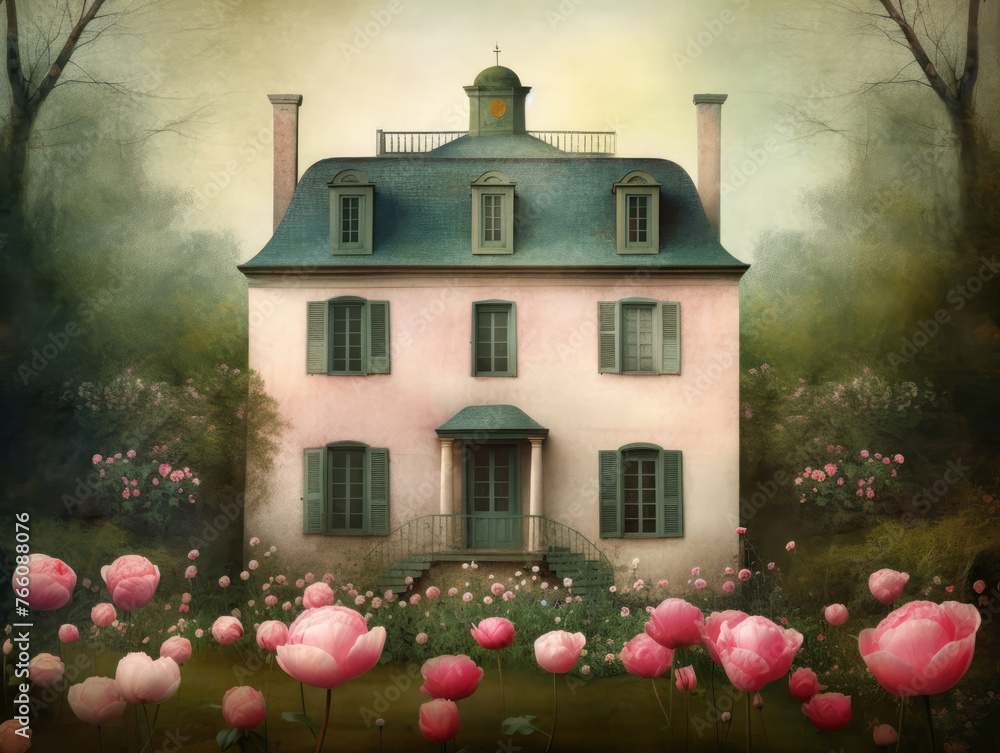 Wall mural cute old pink house in the flower garden with pink flowers. illustration in vintage style