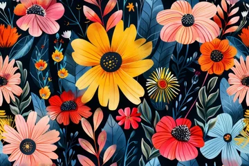 Fotobehang Vibrant Flowers on Black Background © Yana