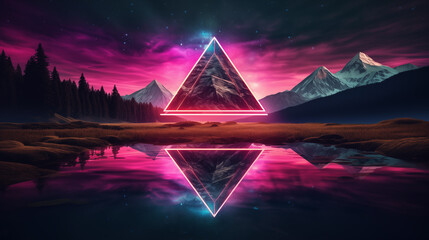 A reflective lake under a neon triangle, with the night sky painted in vibrant synthwave tones - Powered by Adobe