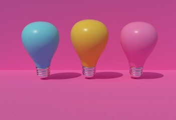 three light bulbs blue pink yellow on a pink background hard shadows 3 d render