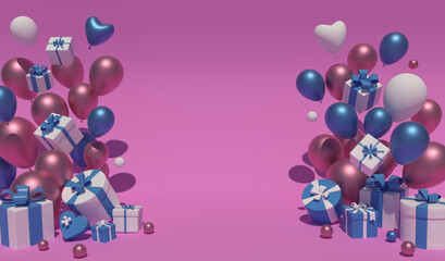 gift boxes of various shapes, pink blue white color scheme with mother of pearl balls on isolated background. 3D rendering, cartoonishly positioned symmetrically at the corners of the image.