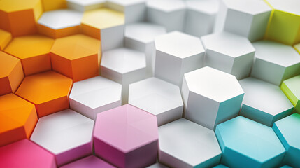 A white background with Colorful hexagons in the foreground, representing technology and innovation