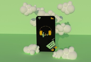 black smartphone in the clouds on the phone display yellow headphones with notes and a button with a market cart on a green background 3 cartoon renders, concept of buying online music