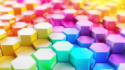 A white background with Colorful hexagons in the foreground, representing technology and innovation