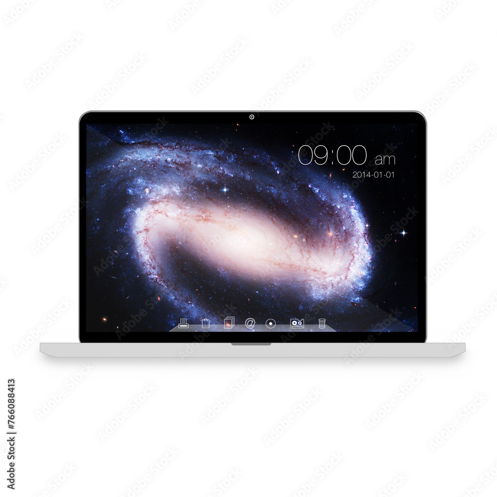 Poster laptop, screen and monitor with ui of technology, wallpaper and time app isolated on transparent png