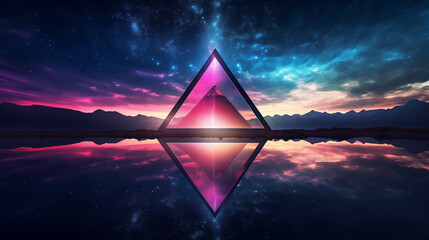 A reflective lake under a neon triangle, with the night sky painted in vibrant synthwave tones