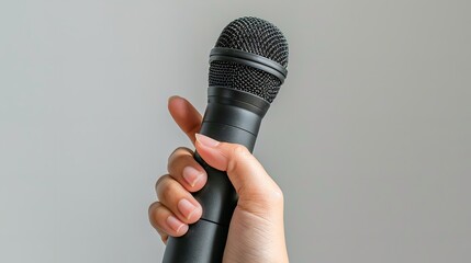 Over a gray backdrop, a hand holds a microphone for interrogation depicting life of a reporter and space, Generative AI.