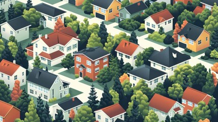 Cityscape With Numerous Houses and Trees - obrazy, fototapety, plakaty