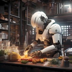 A futuristic robot chef preparing a meal.