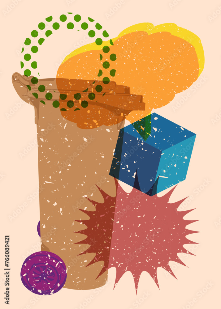 Poster risograph garbage bin with speech bubble with geometric shapes. objects in trendy riso graph print t