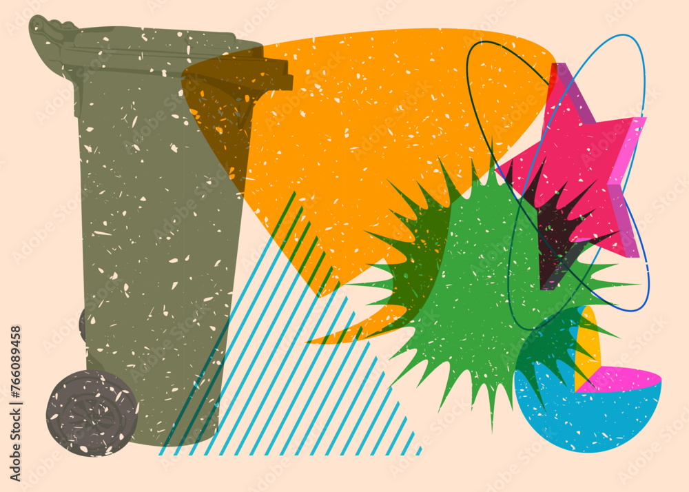 Poster risograph garbage bin with speech bubble with geometric shapes. objects in trendy riso graph print t