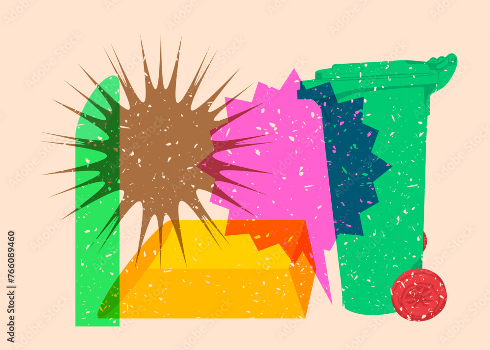 Poster risograph garbage bin with speech bubble with geometric shapes. objects in trendy riso graph print t