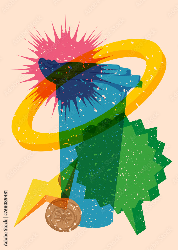 Poster risograph garbage bin with speech bubble with geometric shapes. objects in trendy riso graph print t